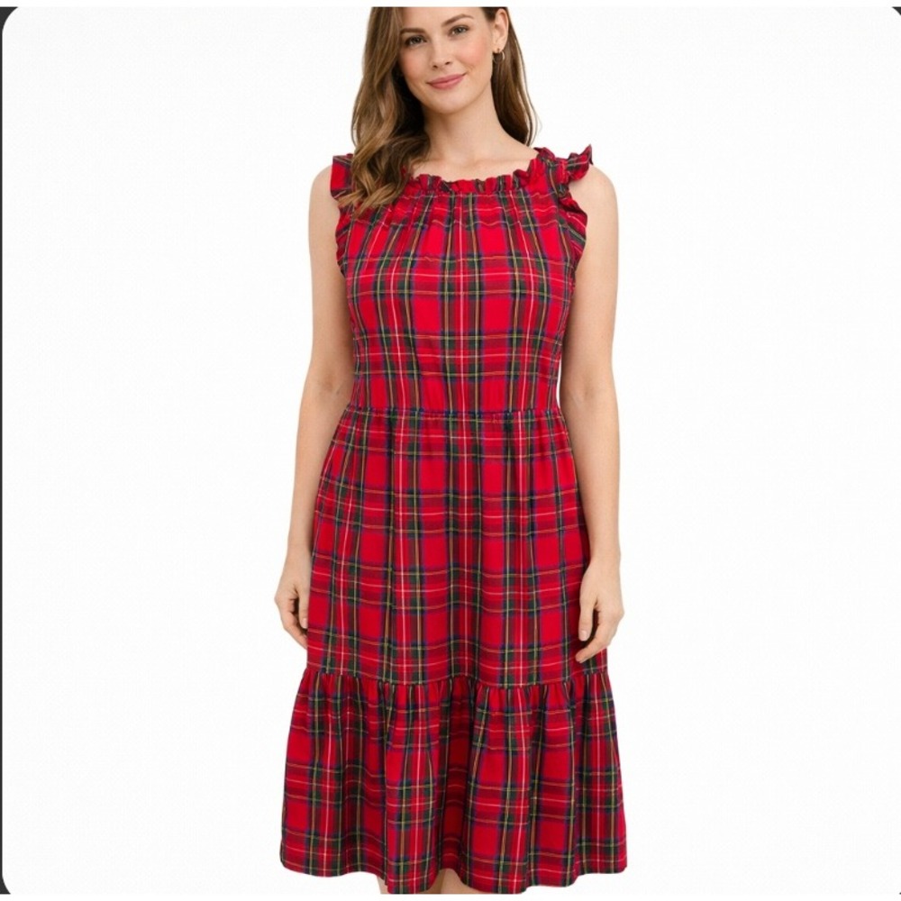 J.Crew Plaid Tiered Dress Sz 8 Red Tartan Ruffle Sleeveless Pockets Preppy